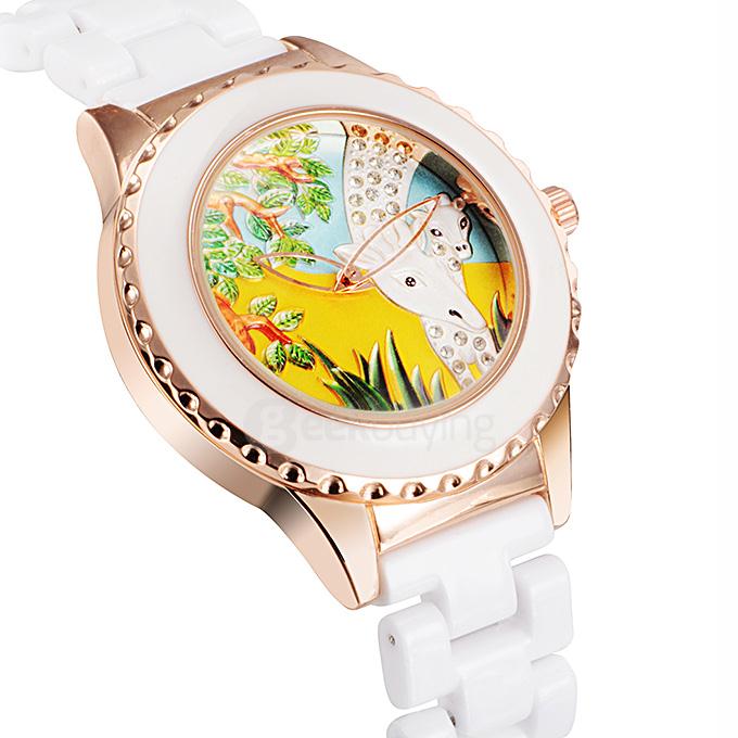 YR WH439 Stylish Quartz Ceramics Watch Lady Dress Watch with Special Colored Giraffe Design 2 Pointers - Rose Gold