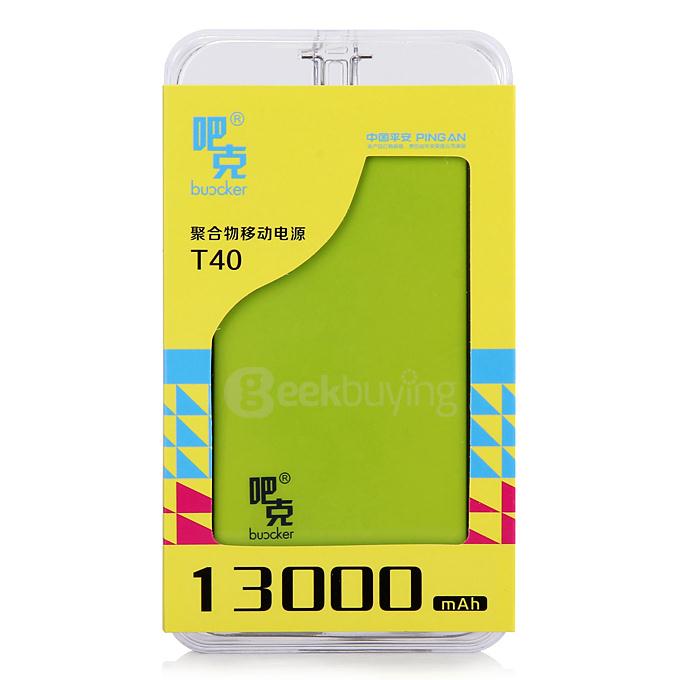 Buocker T40 13000mAh Portable Mobile Power Bank DC5V 1A / 2.1A For Smartphone PSP PDA iPod MP3/4/5 Camera - Black&Green