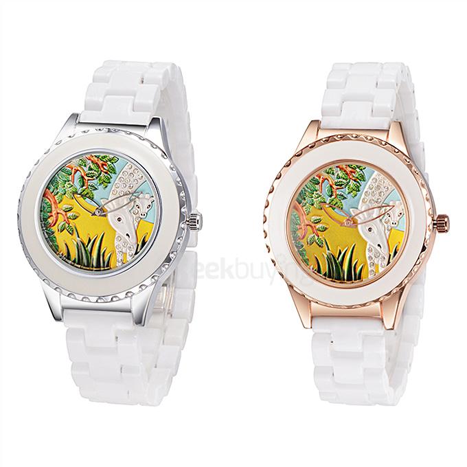YR WH439 Stylish Quartz Ceramics Watch Lady Dress Watch with Special Colored Giraffe Design 2 Pointers - Rose Gold
