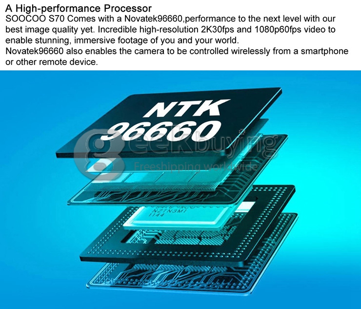 New SOOCOO S70 NTK96660 2K Resolution H.264 Action Camera Waterproof 60M Build-in WIFI Camera with Watch Remote Control