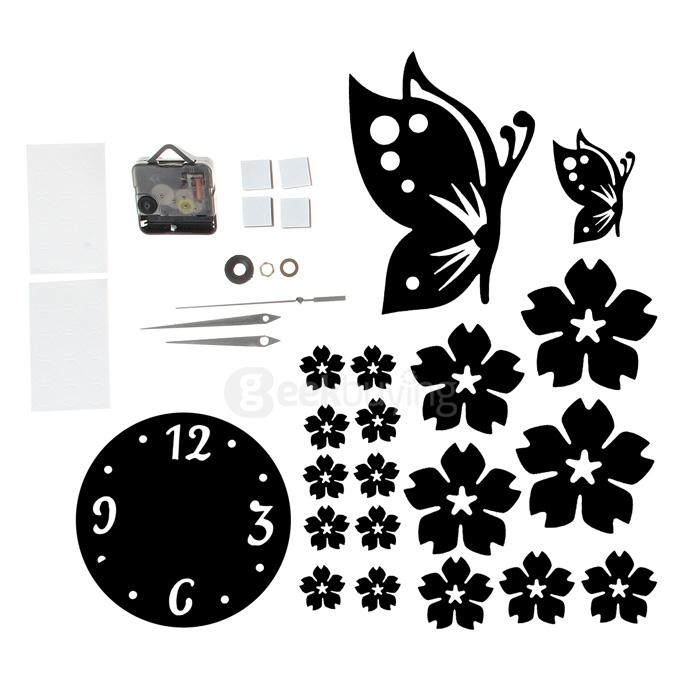 Butterfly Flower Wall Clock 3D Acrylic Mirror Sticker Modern Design Wall Decor - Black