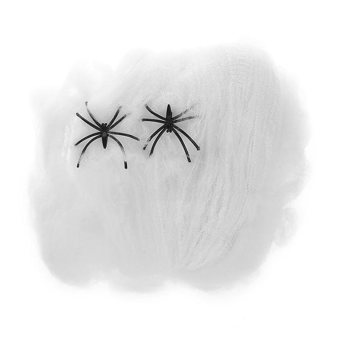 Stretchable Spiderwebs with Spiders for Halloween Decorations - White + Black