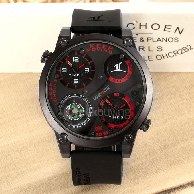 WEIDE UV1505 Trendy 3ATM Waterproof Electronic Men Quartz Sport Watch PU Strap Alloy Shell Dual Time Zones with Compass - Black