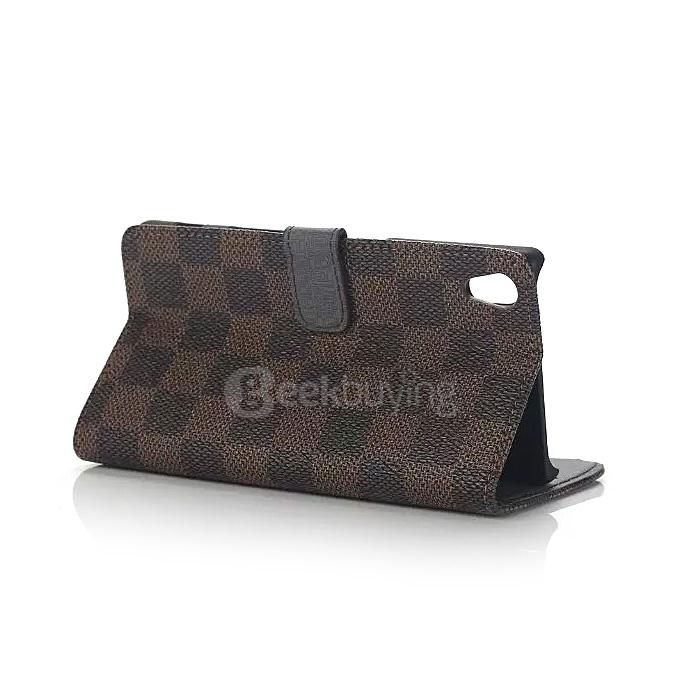 Plaid Pattern Protective Leather Case With Holder/Card Slots/Wallet For SONY Xperia Z5 Smartphone - Brown