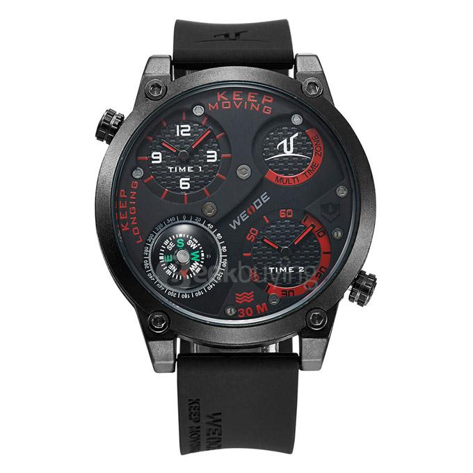 WEIDE UV1505 Trendy 3ATM Waterproof Electronic Men Quartz Sport Watch PU Strap Alloy Shell Dual Time Zones with Compass - Black