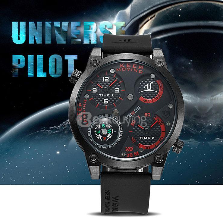 WEIDE UV1505 Trendy 3ATM Waterproof Electronic Men Quartz Sport Watch PU Strap Alloy Shell Dual Time Zones with Compass - Black