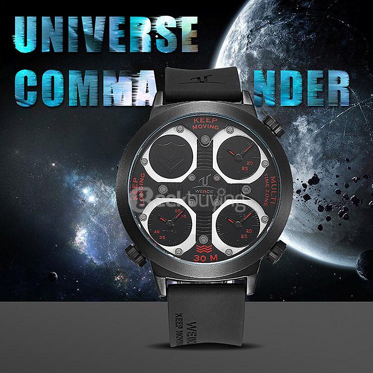 WEIDE UV1503 Trendy 3ATM Waterproof Electronic Men Quartz Sport Wristwatch PU Strap Alloy Shell 3 Time Zones - Black