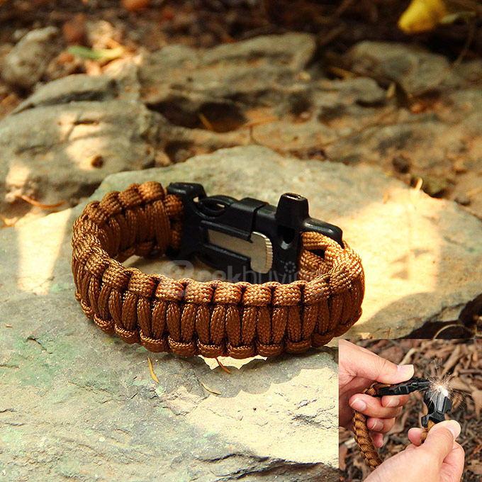 Outdoor Multi-purpose Survival Paracord Bracelet with Fire Starter and Safety Whistle - Brown
