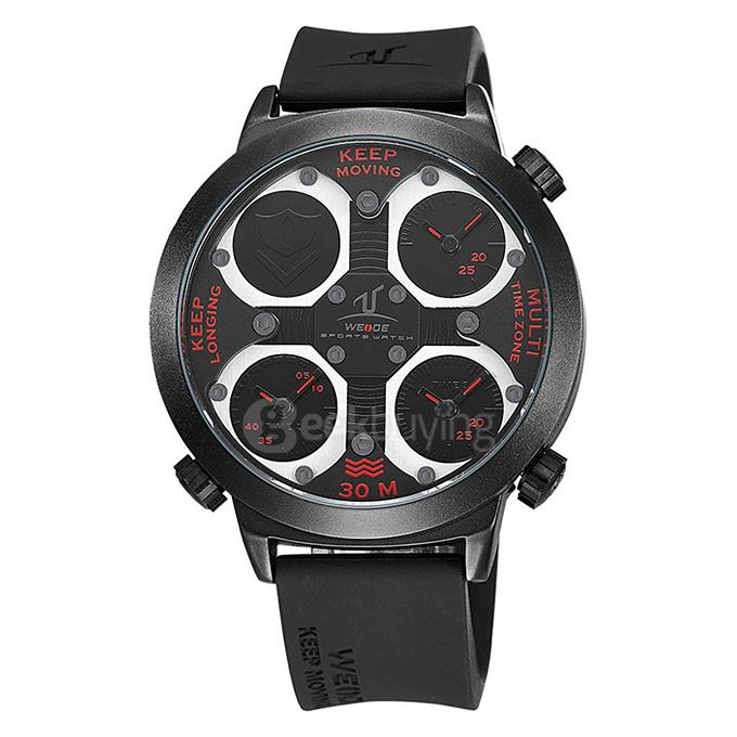 WEIDE UV1503 Trendy 3ATM Waterproof Electronic Men Quartz Sport Wristwatch PU Strap Alloy Shell 3 Time Zones - Black