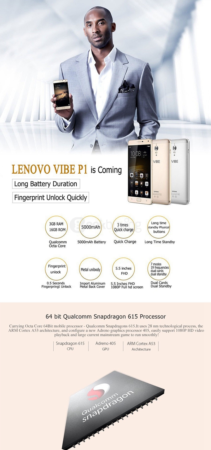 Lenovo Vibe P1 Pro 5.5inch FHD Android 5.1 3GB 16GB 5000mAh Smartphone 64bit Qualcomm Snapdragon 615 Octa Core 13.0MP - Silver