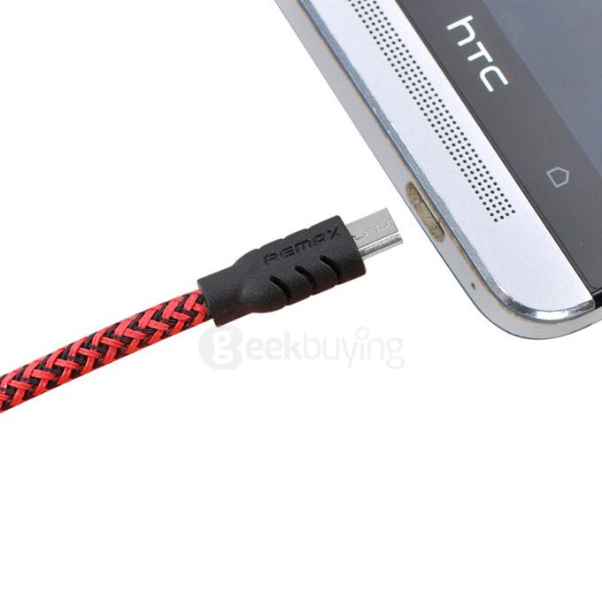 Remax Nylon Fiber Double Sided Micro USB Cable Fast Charging Data Sync Flat Cord for Samsung HTC Huawei Xiaomi And More Android Phones - Red