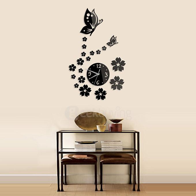 Butterfly Flower Wall Clock 3D Acrylic Mirror Sticker Modern Design Wall Decor - Black