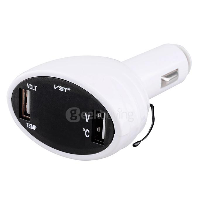 VST-708 3-in-1 Multi-Functional Voltage Thermometer Dual USB Car Charger Adapter - White