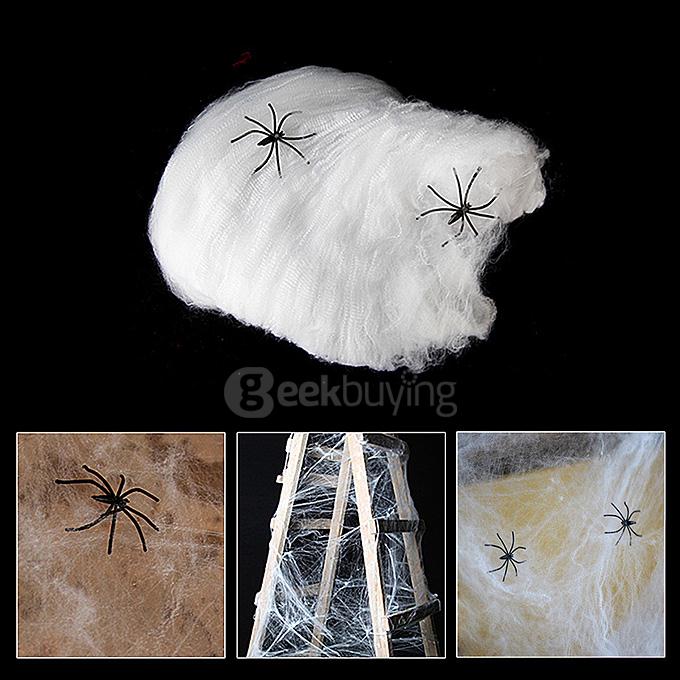 Stretchable Spiderwebs with Spiders for Halloween Decorations - White + Black