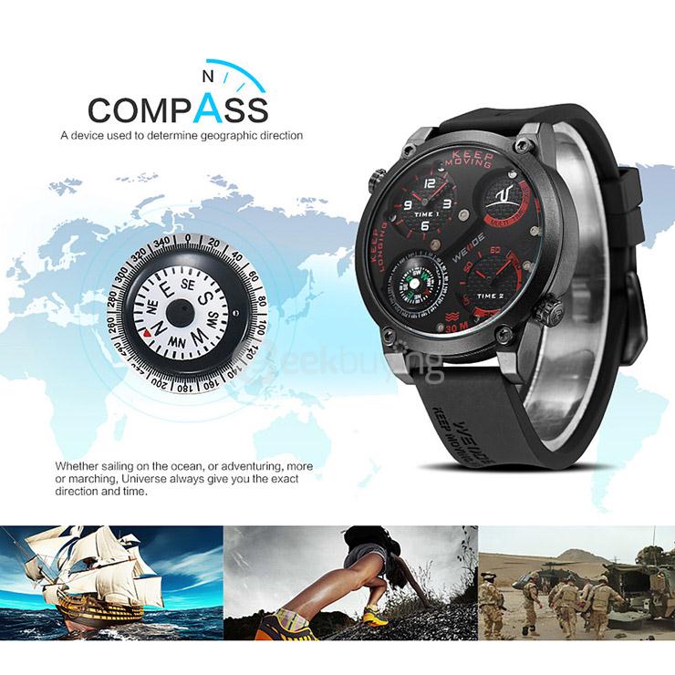 WEIDE UV1505 Trendy 3ATM Waterproof Electronic Men Quartz Sport Watch PU Strap Alloy Shell Dual Time Zones with Compass - Black