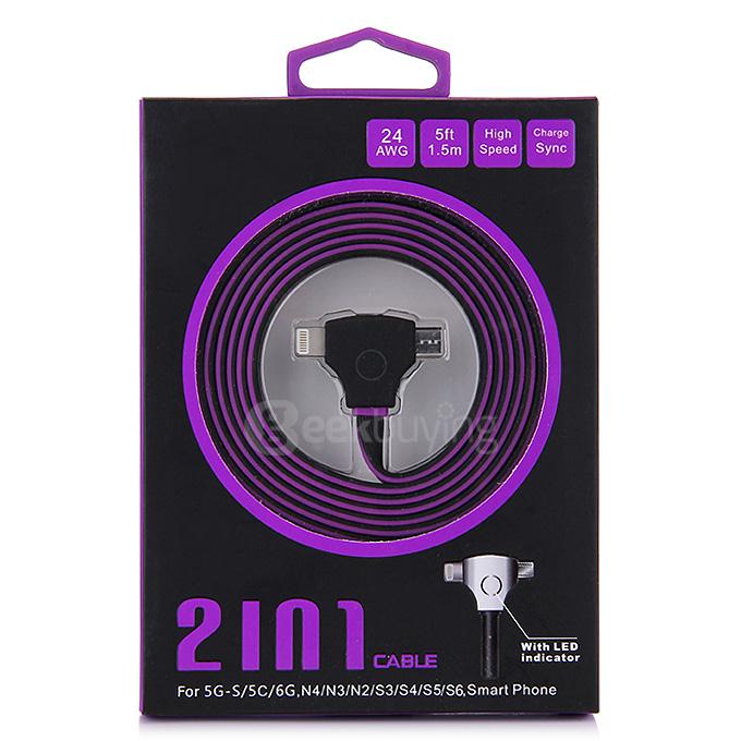 2-In-1 Smart Micro USB + 8Pin USB Fast Sync Data Charging Cable 1.5M with LED Indicator for Samsung iPhone - Purple