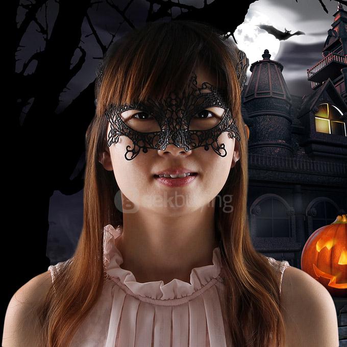 Fashion Elegant Fox Mask Hollow Out Lace Design Halloween Masquerades Party Mask - Black