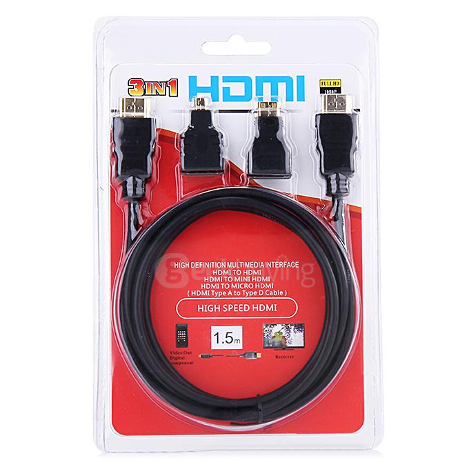 High Speed 3-In-1 HDMI Converter Cable HDMI to HDMI/Mini HDMI/Micro HDMI/HDMI Type-A to Type-D Cable 1.5M - Black