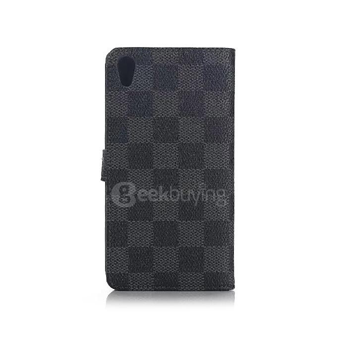 Plaid Pattern Protective Leather Case With Holder/Card Slots/Wallet For SONY Xperia Z5 Smartphone - Black