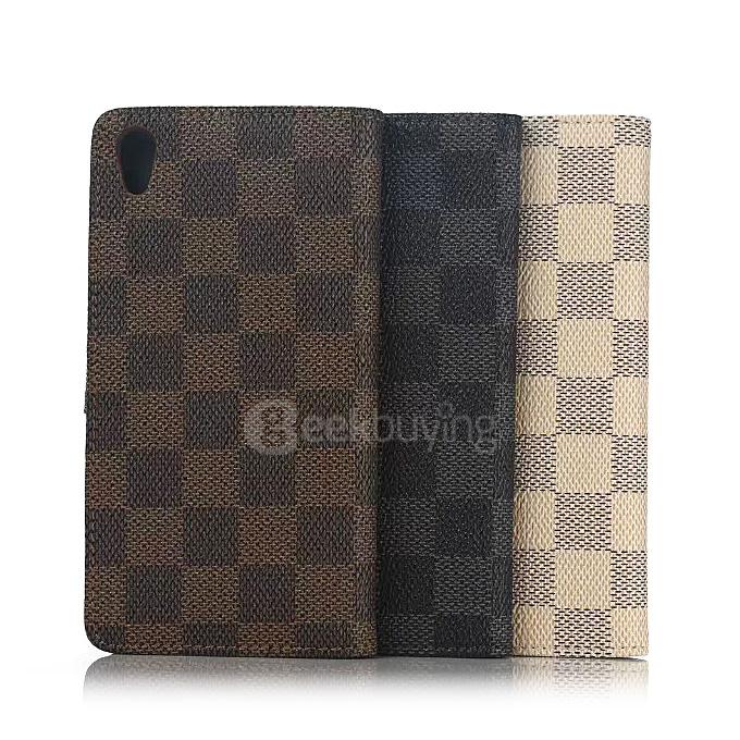 Plaid Pattern Protective Leather Case With Holder/Card Slots/Wallet For SONY Xperia Z5 Smartphone - Brown