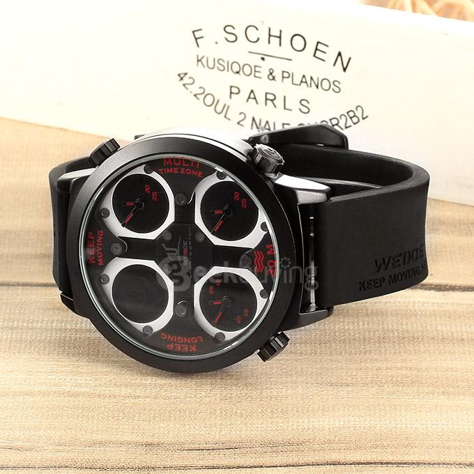 WEIDE UV1503 Trendy 3ATM Waterproof Electronic Men Quartz Sport Wristwatch PU Strap Alloy Shell 3 Time Zones - Black