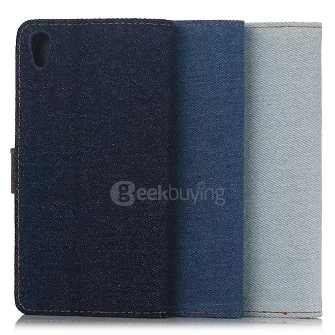 Denim Cloth Protective Leather Case With Holder/Card Slots/Wallet For SONY Xperia Z5 Smartphone - Black