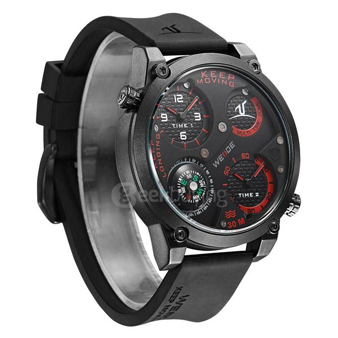 WEIDE UV1505 Trendy 3ATM Waterproof Electronic Men Quartz Sport Watch PU Strap Alloy Shell Dual Time Zones with Compass - Black