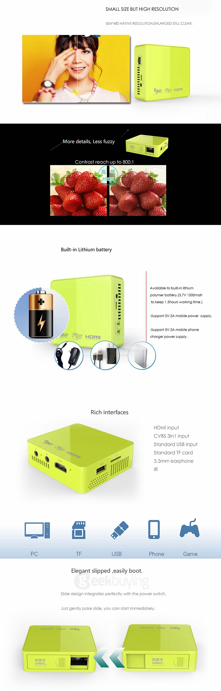 Tiniest FHD DLP LED Projector UC50 HDMI 1080P 50LM Home Theater Beamer Multimedia Video Player AV USB TF - Green