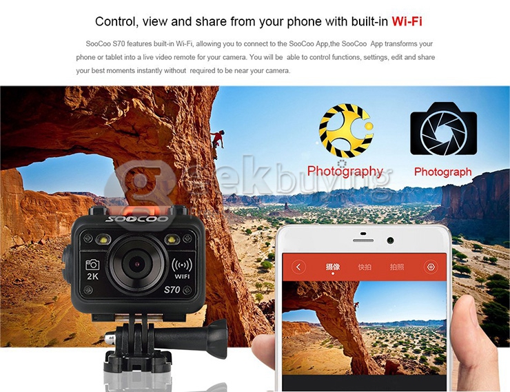 New SOOCOO S70 NTK96660 2K Resolution H.264 Action Camera Waterproof 60M Build-in WIFI Camera with Watch Remote Control