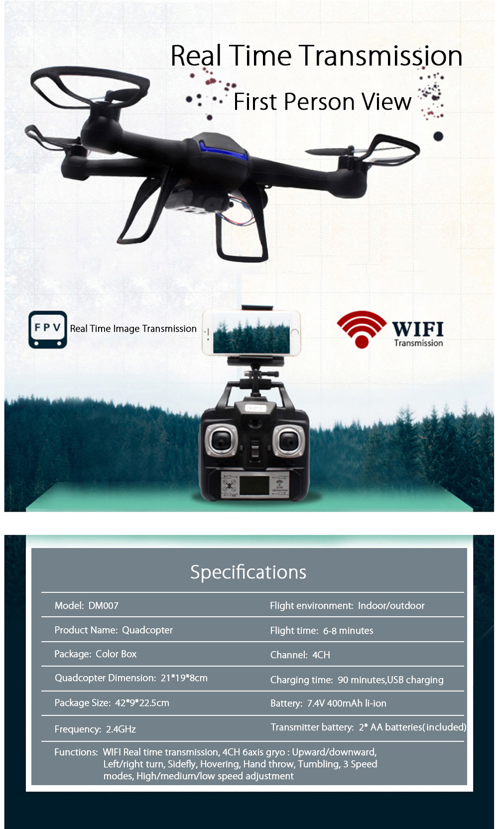 DM007W WIFI FPV Quadcopter 2.0MP HD Camera 2.4GHz 4CH 6 Axis Gyro 3D Rollover with CF Mode - Black