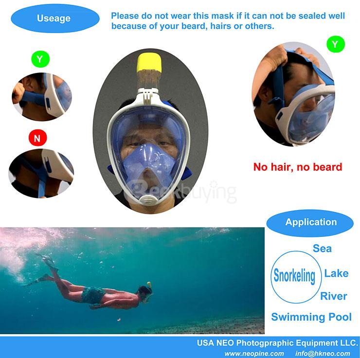 New NEOpine Water Sports Diving Equipment Full Dry Diving Mask Swimming Glasses for GoPro Hero /SJCAM / Xiaomi Xiaoyi Camera - Blue (Size L/XL)