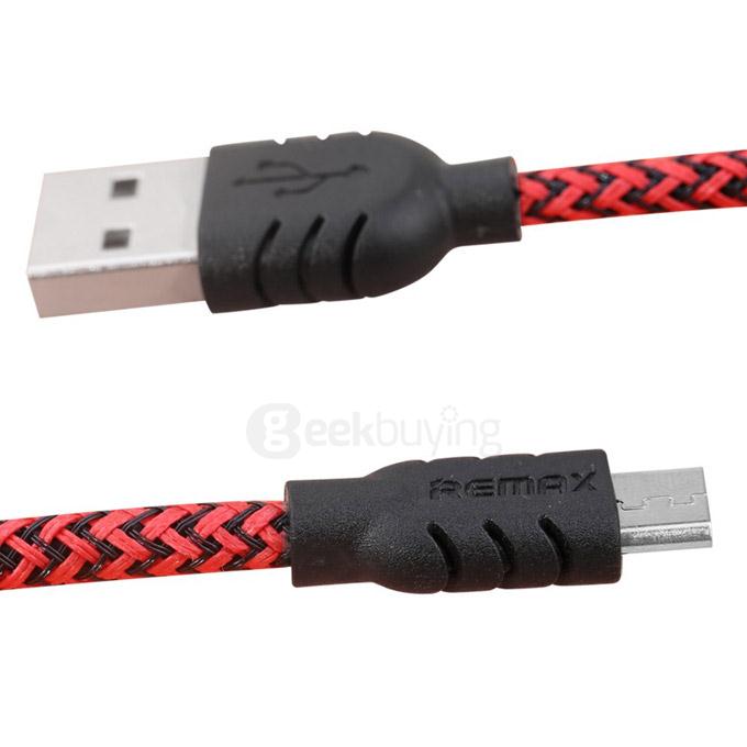 Remax Nylon Fiber Double Sided Micro USB Cable Fast Charging Data Sync Flat Cord for Samsung HTC Huawei Xiaomi And More Android Phones - Red