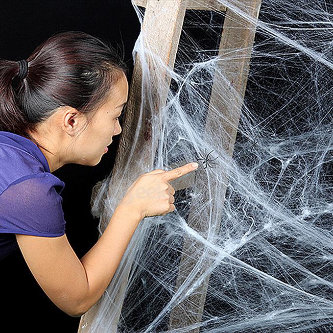 Stretchable Spiderwebs with Spiders for Halloween Decorations - White + Black