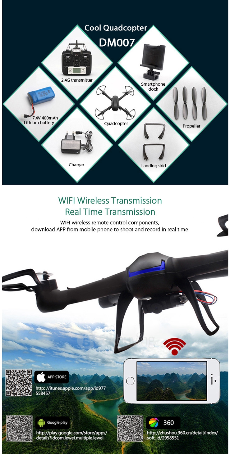 DM007W WIFI FPV Quadcopter 2.0MP HD Camera 2.4GHz 4CH 6 Axis Gyro 3D Rollover with CF Mode - Black