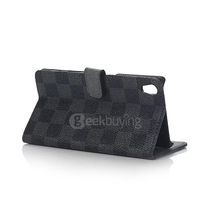 Plaid Pattern Protective Leather Case With Holder/Card Slots/Wallet For SONY Xperia Z5 Smartphone - Black