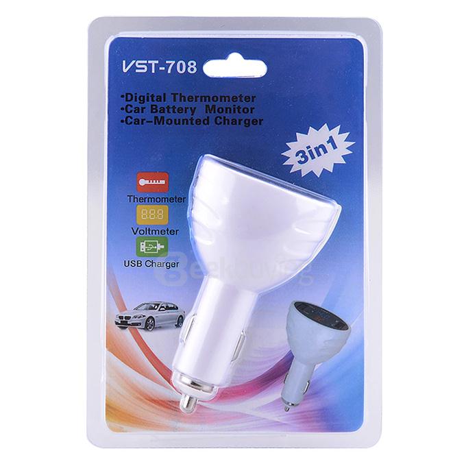 VST-708 3-in-1 Multi-Functional Voltage Thermometer Dual USB Car Charger Adapter - White
