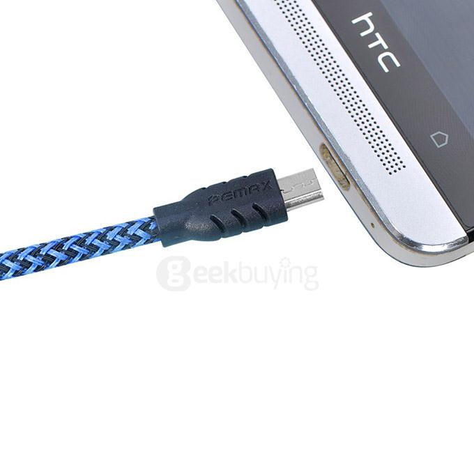 Remax Nylon Fiber Double Sided Micro USB Cable Fast Charging Data Sync Flat Cord for Samsung HTC Huawei Xiaomi And More Android Phones - Blue