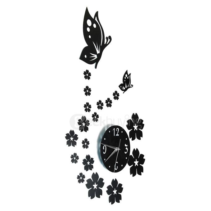 Butterfly Flower Wall Clock 3D Acrylic Mirror Sticker Modern Design Wall Decor - Black