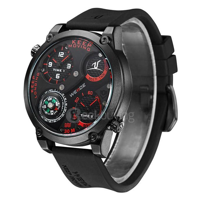 WEIDE UV1505 Trendy 3ATM Waterproof Electronic Men Quartz Sport Watch PU Strap Alloy Shell Dual Time Zones with Compass - Black