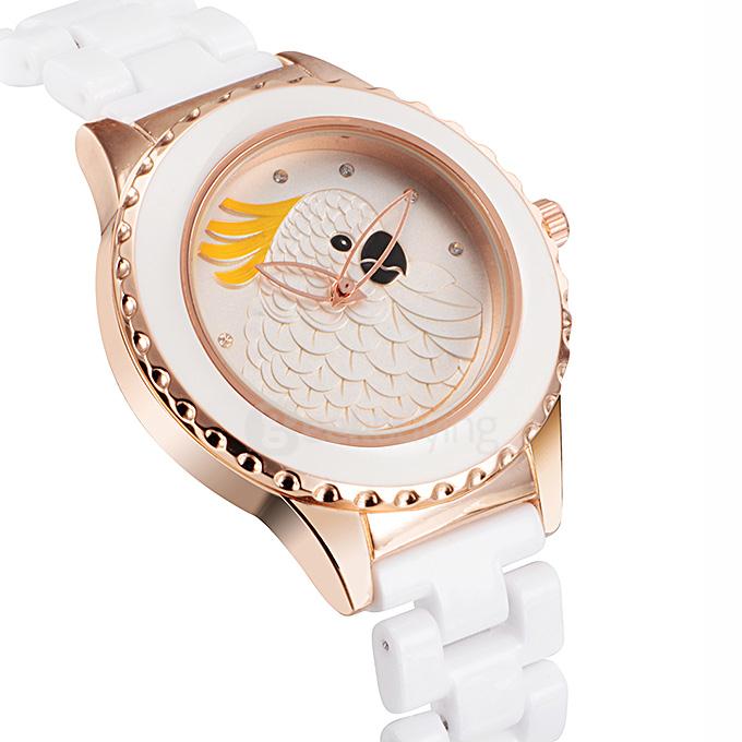 YR WH441 Stylish Quartz Ceramics Watch Lady Dress Watch with Special Colored Parrot Design 2 Pointers - Rose Gold