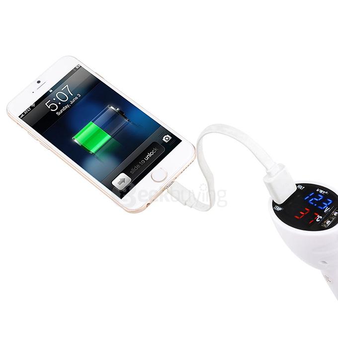 VST-708 3-in-1 Multi-Functional Voltage Thermometer Dual USB Car Charger Adapter - White