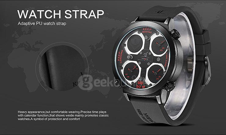 WEIDE UV1503 Trendy 3ATM Waterproof Electronic Men Quartz Sport Wristwatch PU Strap Alloy Shell 3 Time Zones - Black