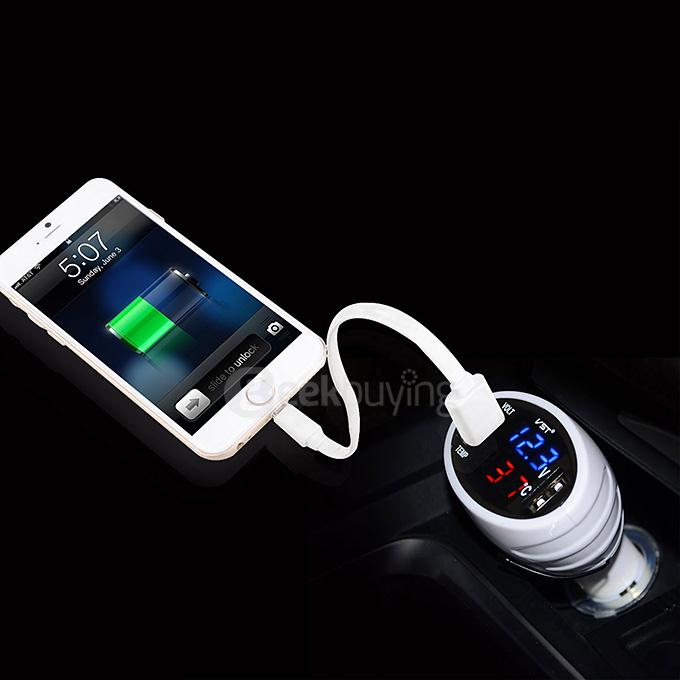 VST-708 3-in-1 Multi-Functional Voltage Thermometer Dual USB Car Charger Adapter - White