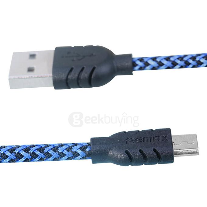 Remax Nylon Fiber Double Sided Micro USB Cable Fast Charging Data Sync Flat Cord for Samsung HTC Huawei Xiaomi And More Android Phones - Blue