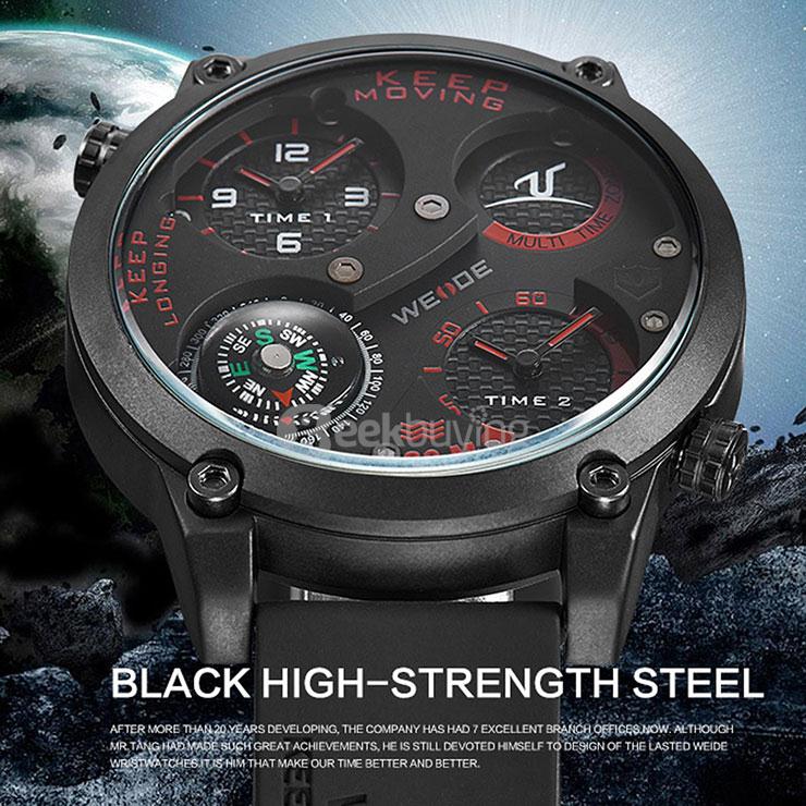 WEIDE UV1505 Trendy 3ATM Waterproof Electronic Men Quartz Sport Watch PU Strap Alloy Shell Dual Time Zones with Compass - Black