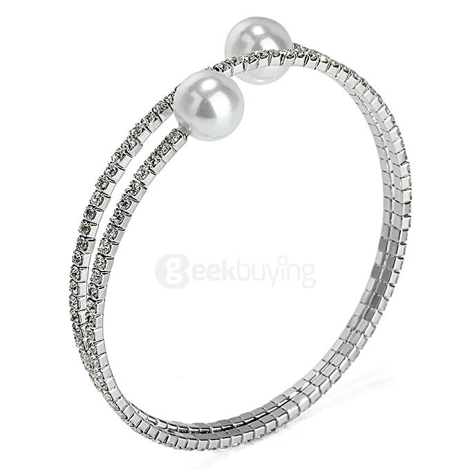 LBOS Fashion Women's Luxury Jewelry Cubic Zirconia Shell Bead Open Mouth Bracelet - Silver