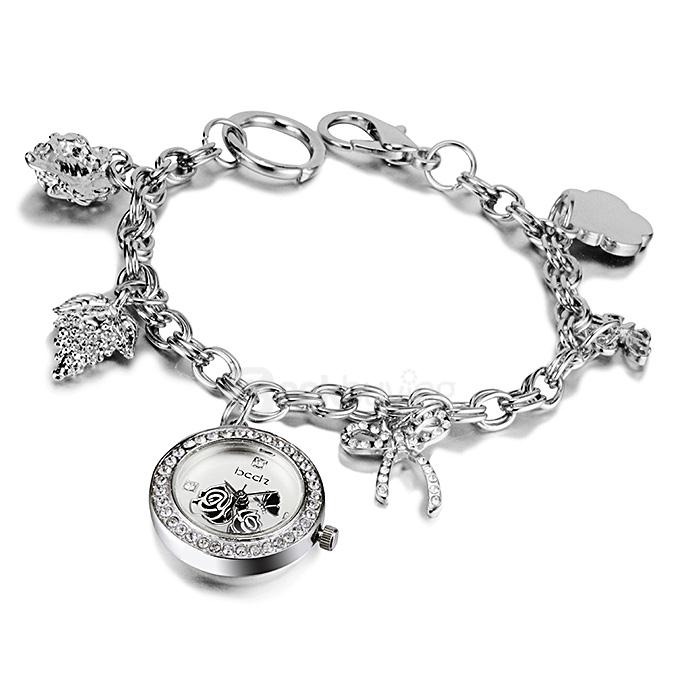 YR WH428 Stylish Elegant Lady Quartz Bracelet Watch Butterfly Rose Decoration Round Diamonds Pendant Dial - Silver