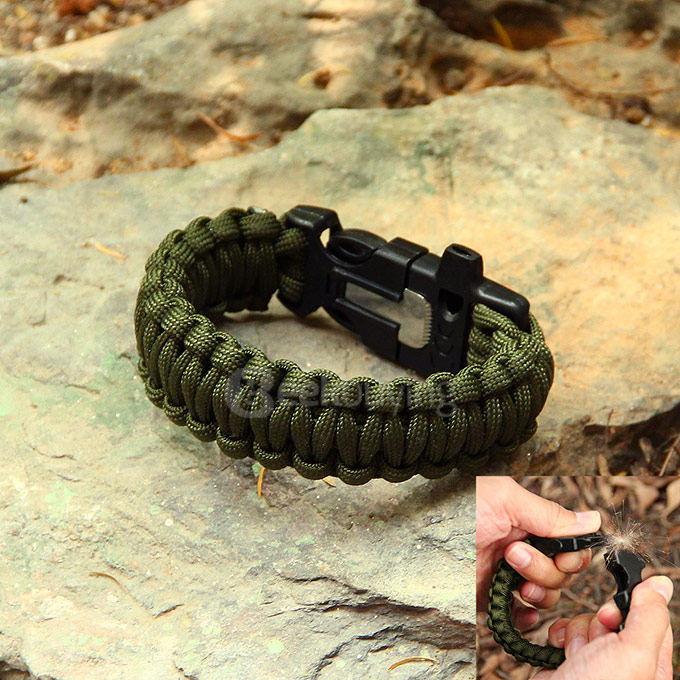 Outdoor Multi-purpose Survival Paracord Bracelet with Fire Starter and Safety Whistle - Army Green