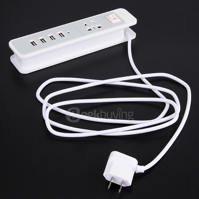 Universal Wire-Hidden 4.8A 240V Power Strip with A Power Socket 4 USB Charging Ports US Standard Plug - White