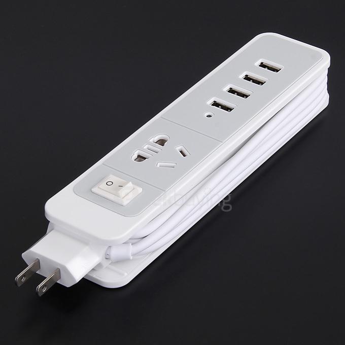 Universal Wire-Hidden 4.8A 240V Power Strip with A Power Socket 4 USB Charging Ports US Standard Plug - White